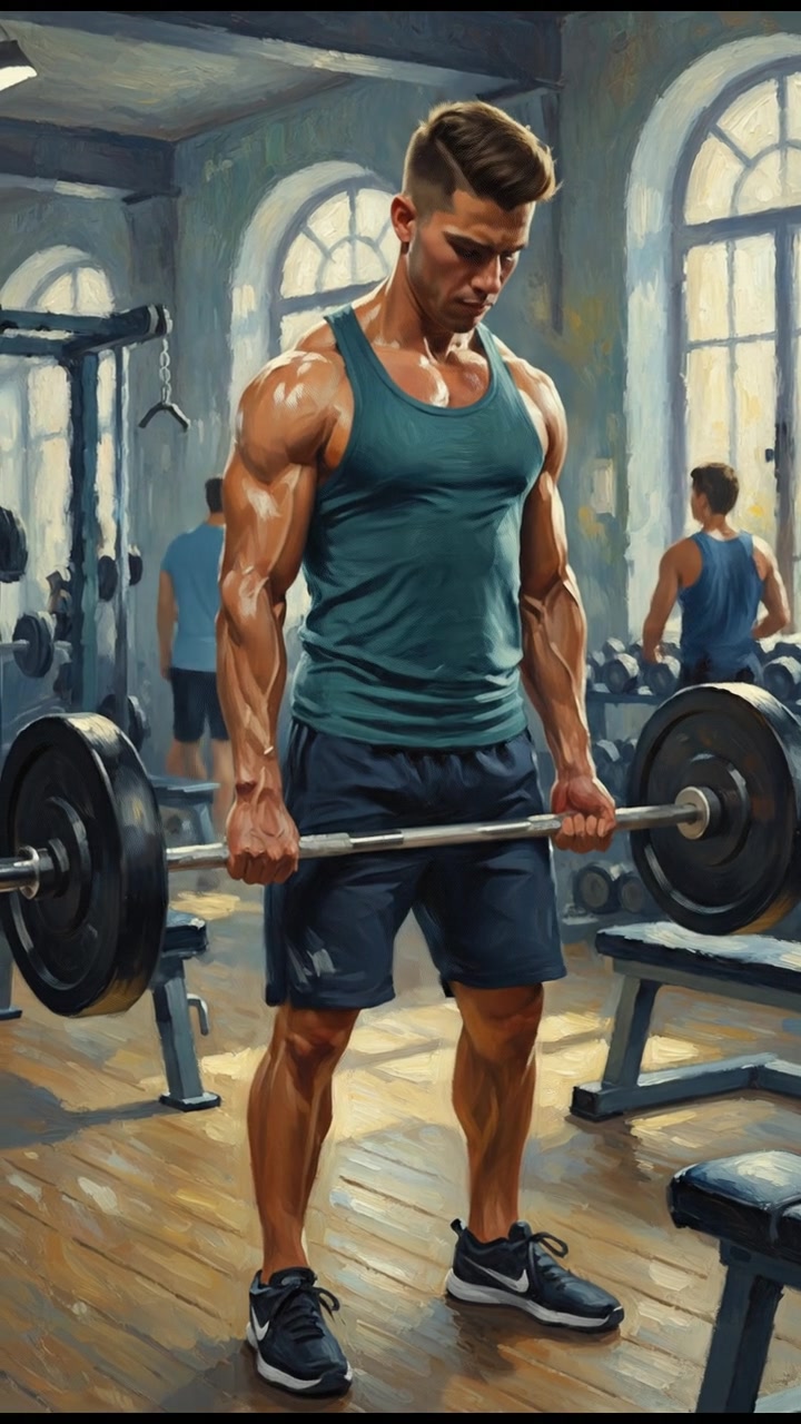 Amir exercising in a gym, lifting weights while focused and determined.