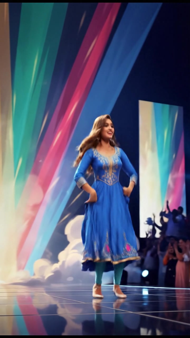 Priya dancing joyfully on stage with colorful lights illuminating the background.