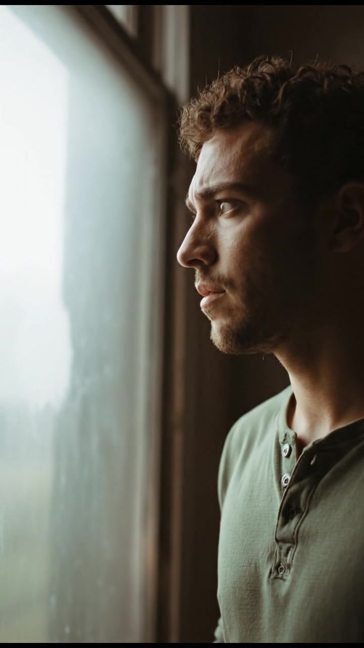 Mateo stands in a dimly lit room, gazing out of a window with a troubled expression.
