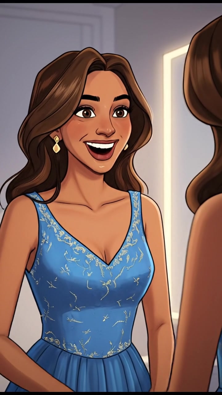 Priya, fully dressed, checks herself in the mirror, smiling with excitement.