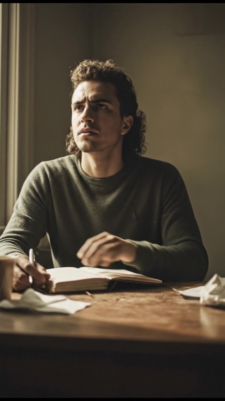 The Mateo sitting at a desk, writing notes with a focused expression on his face.