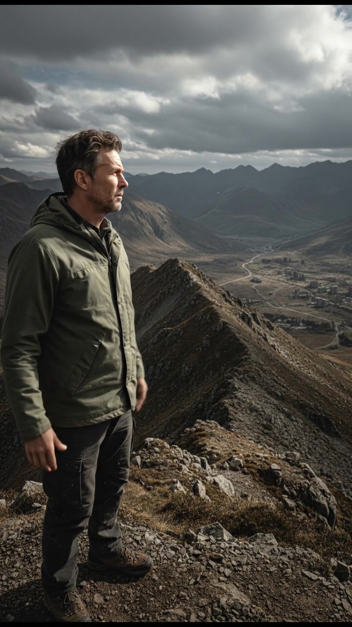 A close-up of the Mark standing on a mountain peak, looking out over a vast landscape.