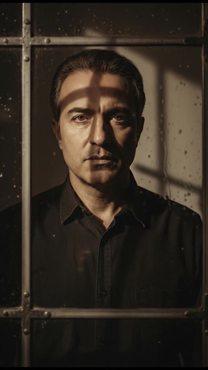 A close-up of Omar standing still in the window, with shadows casting across his face.