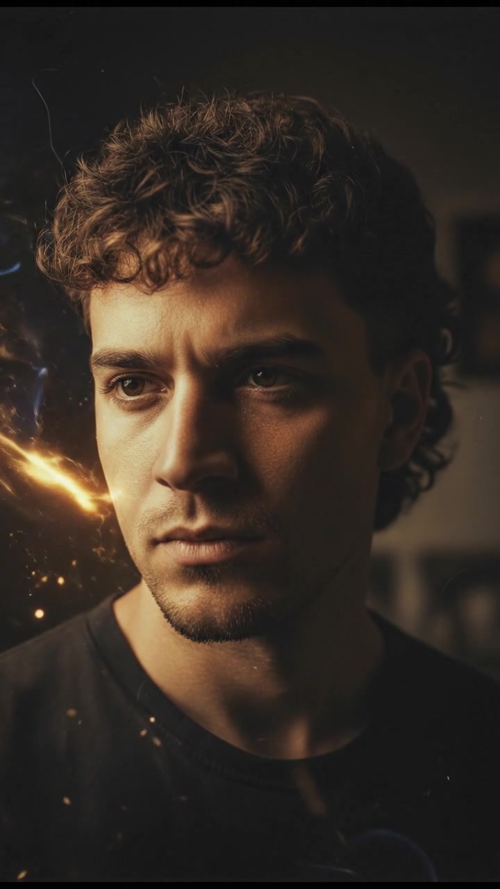 A close-up of Mateo's face, showing a slight chin stubble, with a mystical light illuminating him in a dark room.