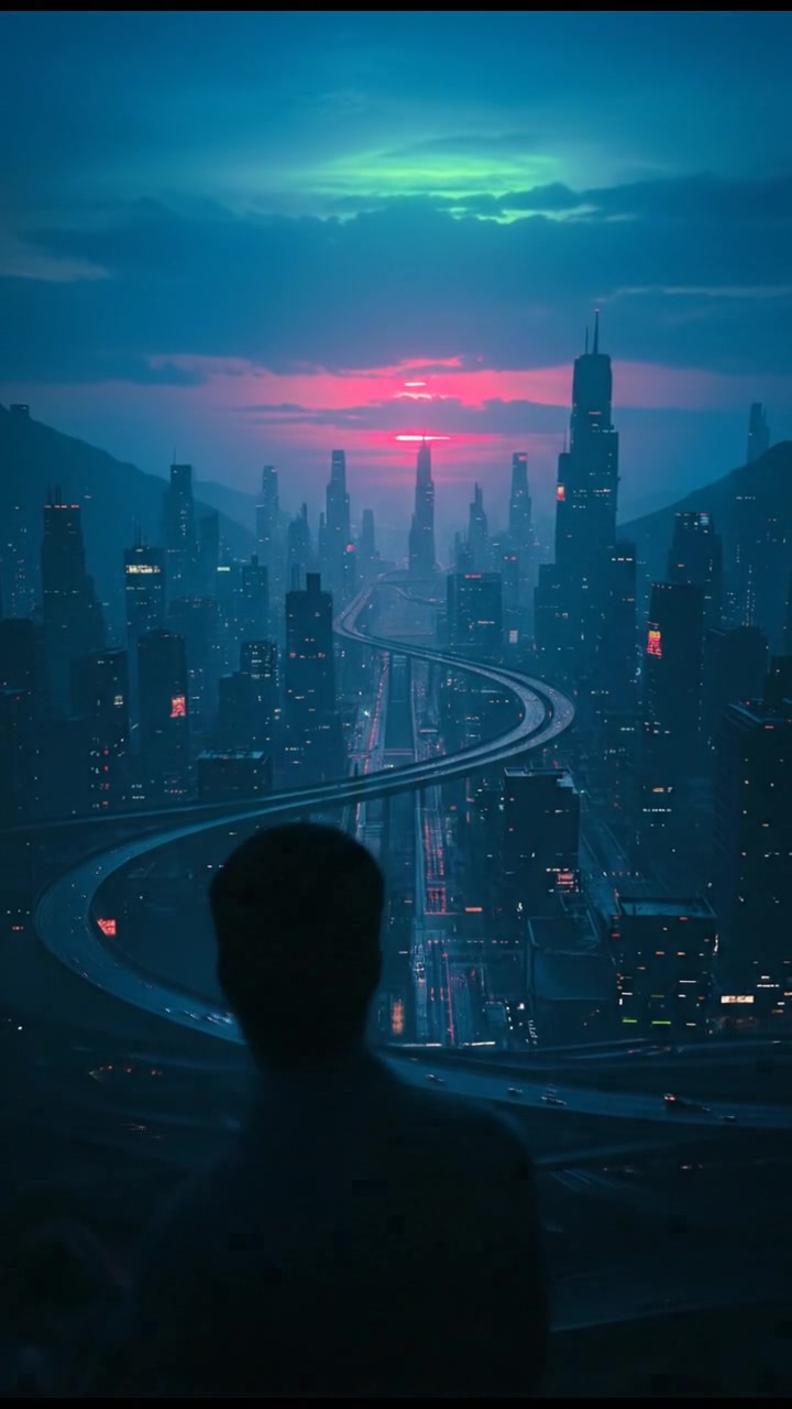 A silhouette of Arjun standing on a hill, overlooking a vast valley at sunset.