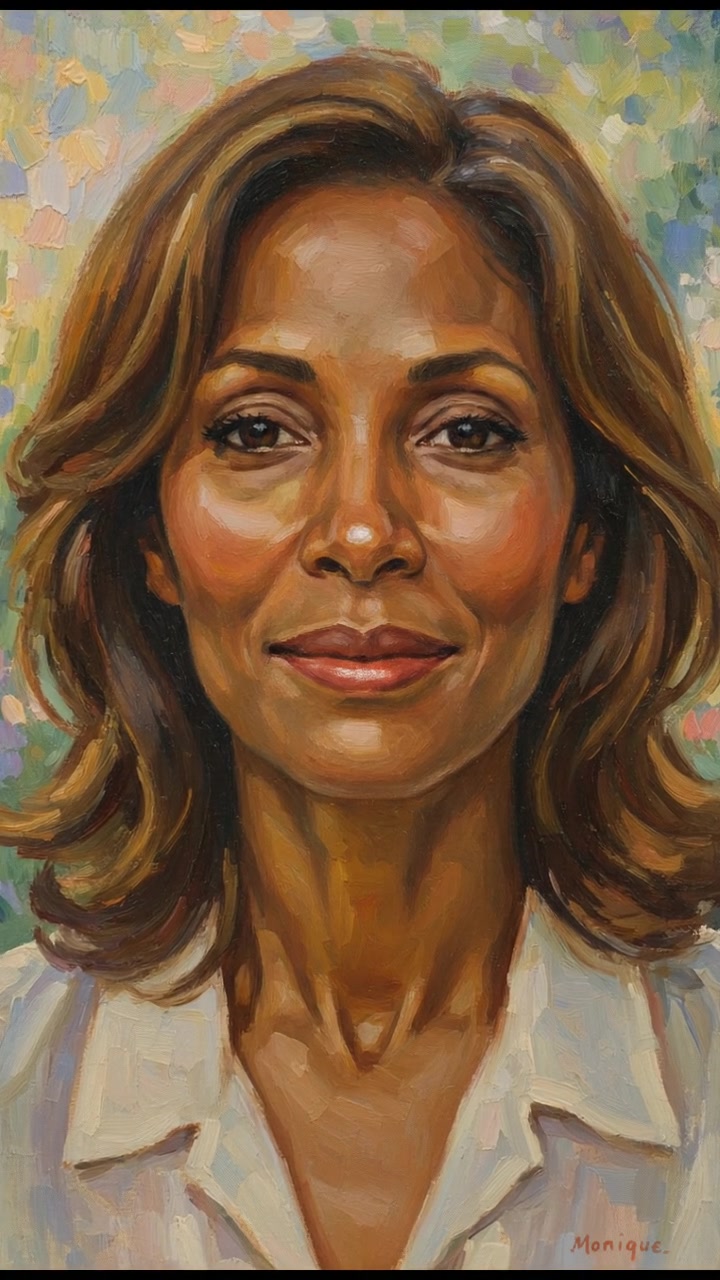 A close-up of Monique's face, reflecting wisdom and warmth.