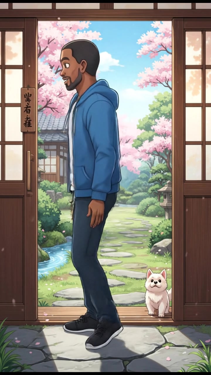 Kwame standing at the front door, dressed in casual clothing, with a welcoming smile.