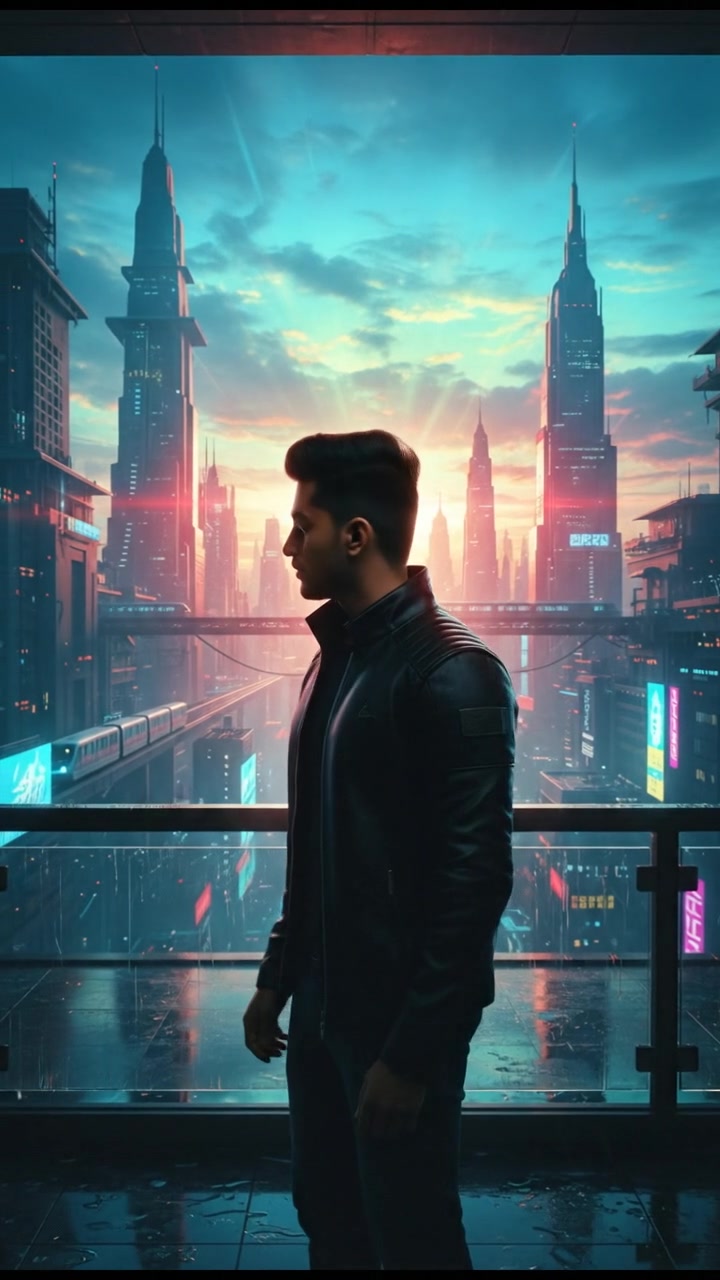 The Arjun standing on a balcony with a sunrise in the background, looking out over the city.