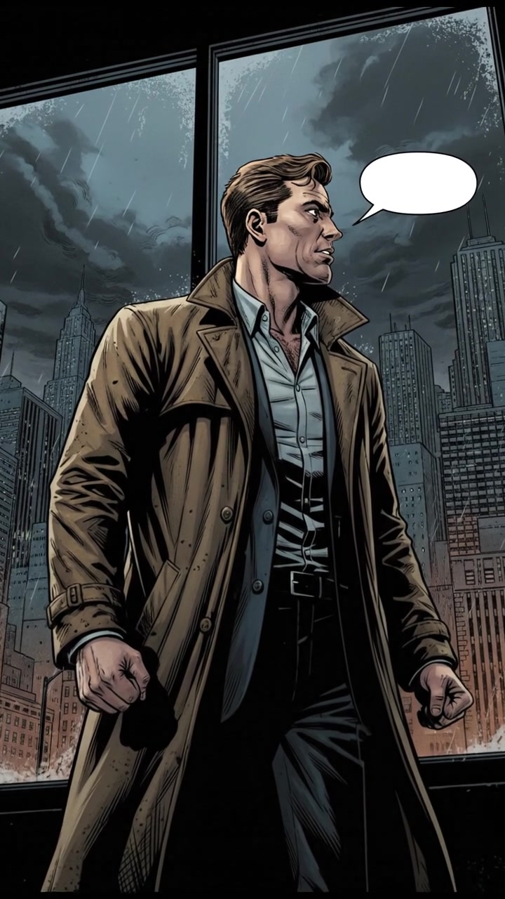 Mark standing in front of a large window, city skyline in the background, looking determined and deep in thought.