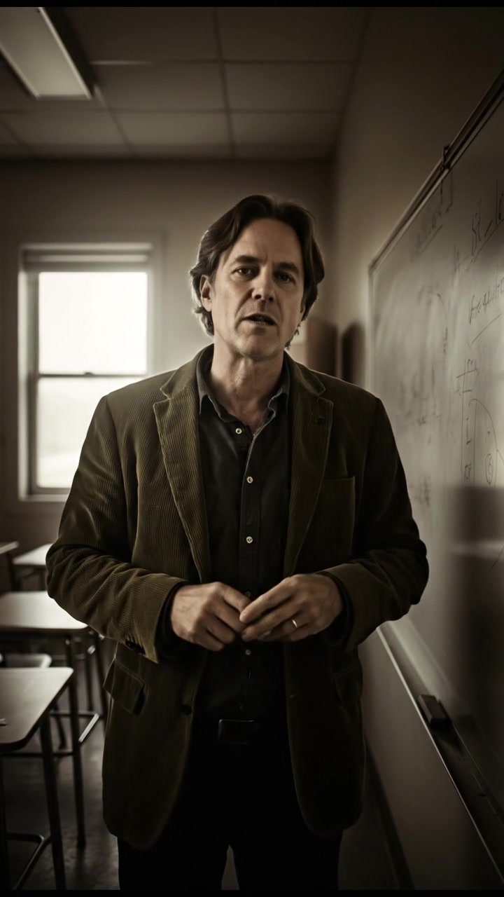 A classroom with a whiteboard, Mark stands at the front passionately explaining.