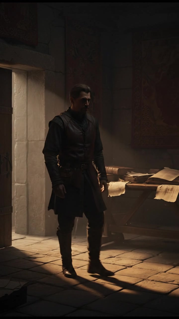 Omar carefully enters a dimly lit room with a heavy wooden door behind him.