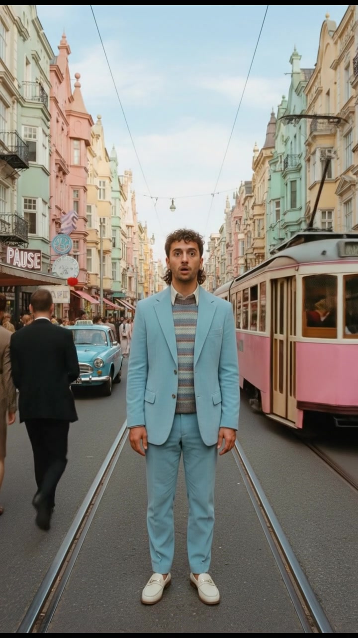 Mateo standing still, with a surprised expression, amidst a busy street with people walking by.