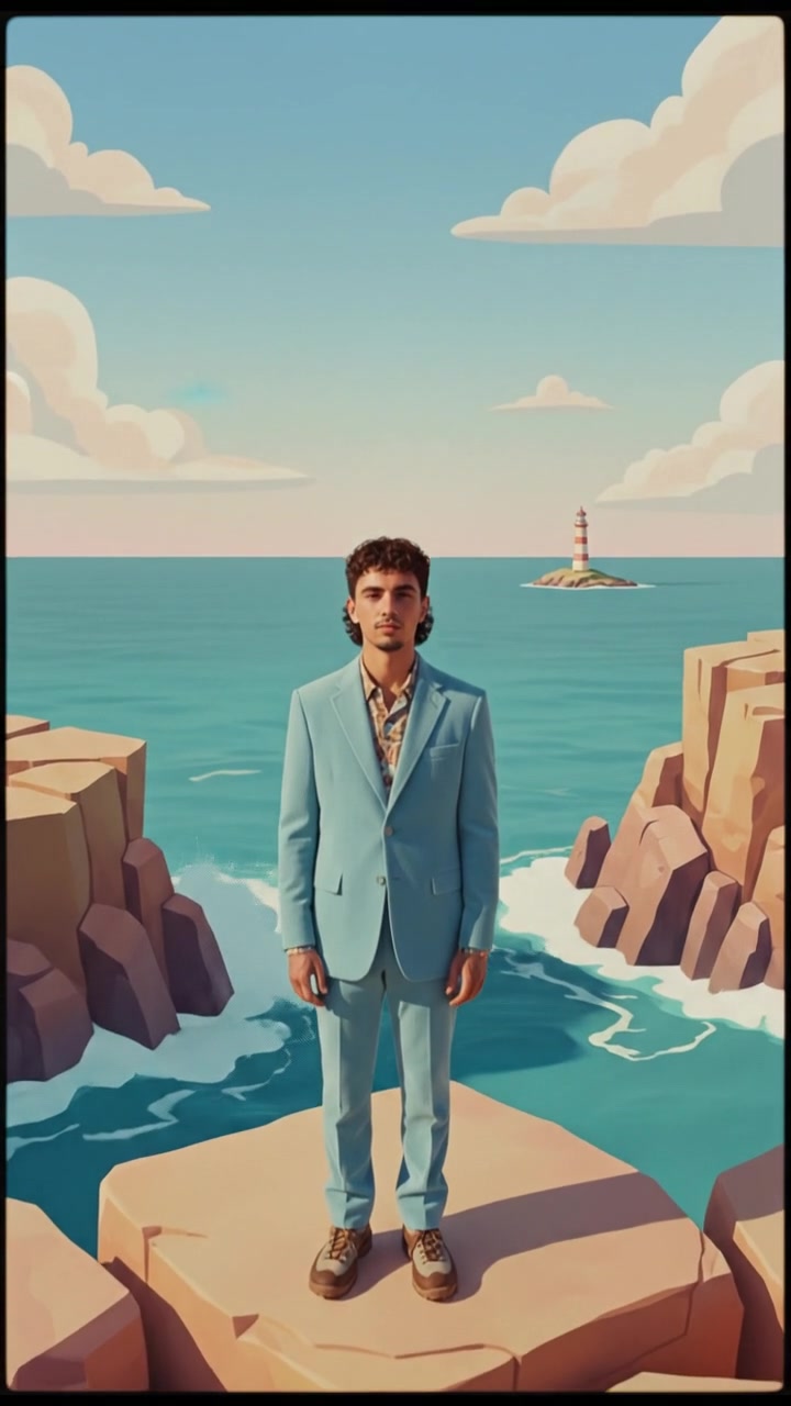 Mateo standing on a cliff edge, looking out at the ocean waves crashing against the rocks below.