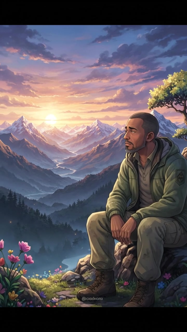 Kwame sitting on a rock, looking tired with mountains in the background.