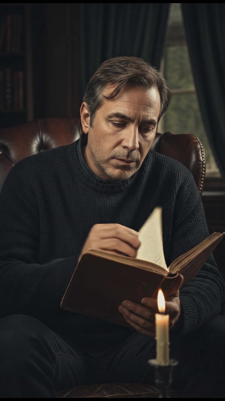 A close-up of Omar, looking determined, as he sits in a cozy armchair, holding a notebook.