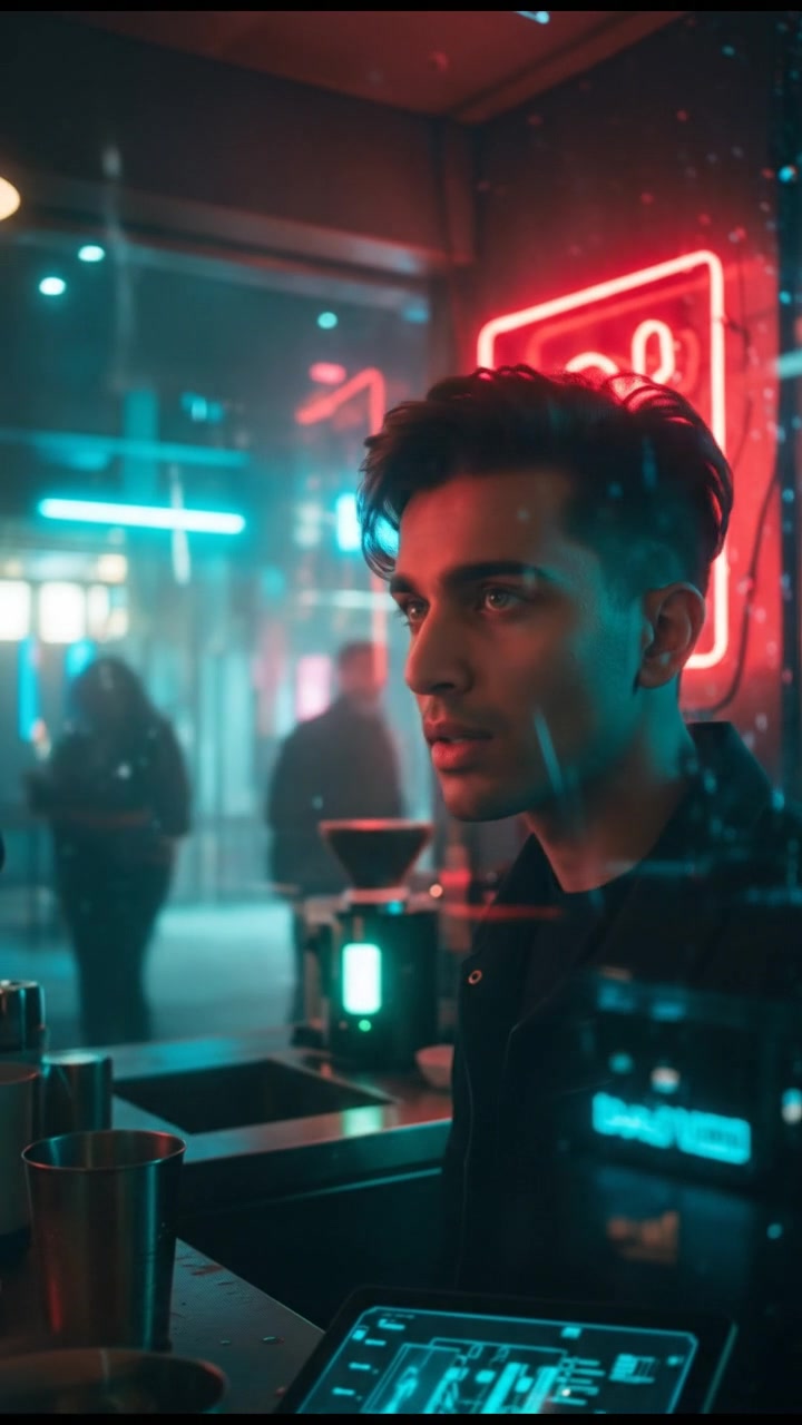 A close-up of Arjun, looking inquisitive, with a curious expression, in a coffee shop.