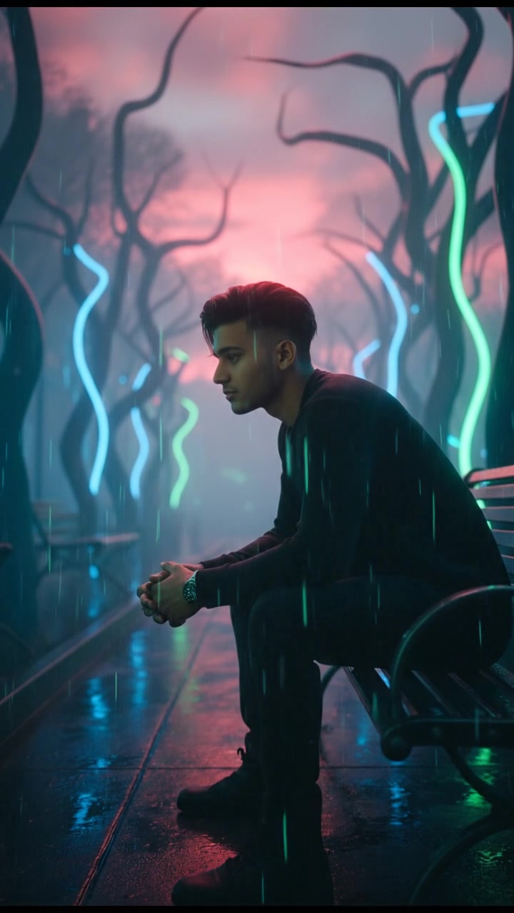 Arjun sitting on a park bench, looking thoughtful, with trees and the sky in the background.
