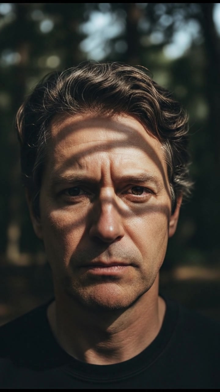 A close-up of Mark's face, with a somber expression, shadows from the trees above casting over him.