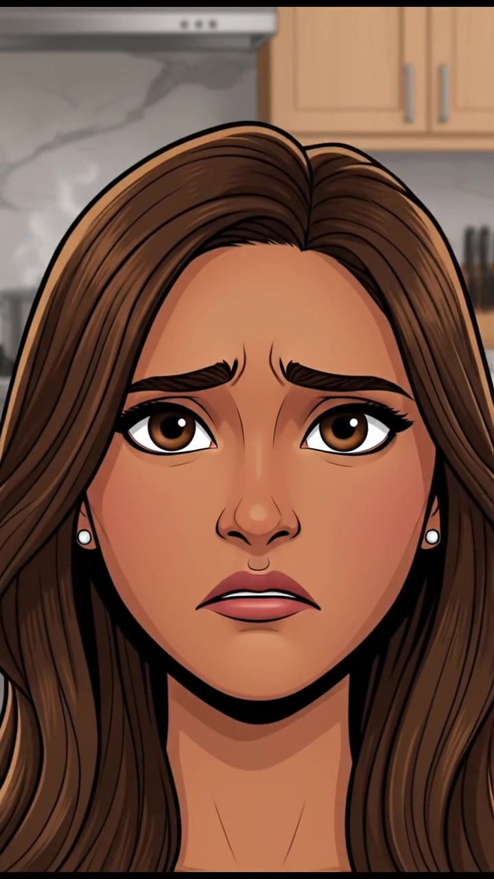 A close-up of Priya's face, showing her concern, with the kitchen in the background.