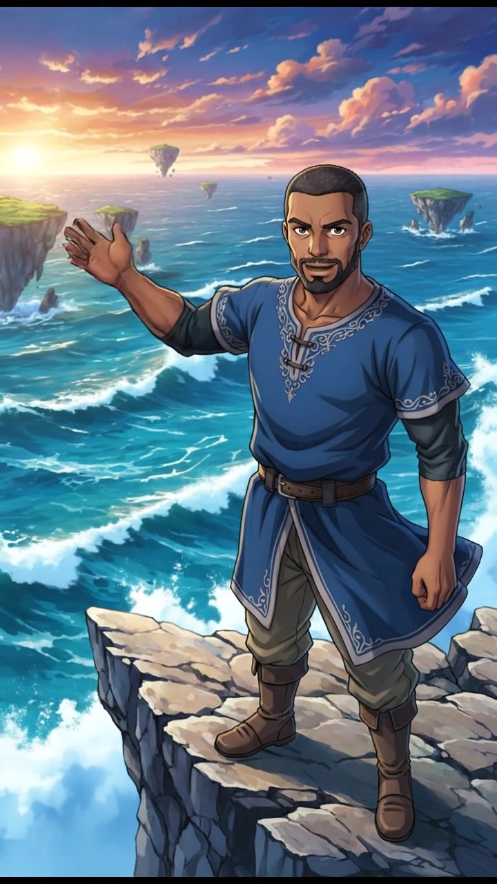 A close-up of Kwame standing proudly on a rocky cliff overlooking the ocean.