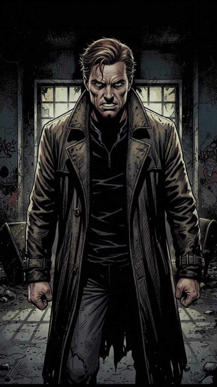 A dark, shadowy figure of Mark standing in a dimly lit room, glaring menacingly.