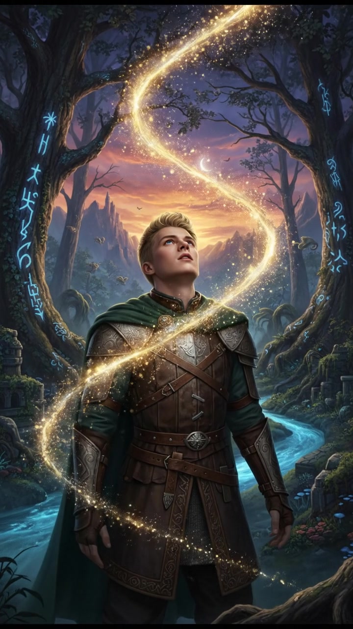 Ryan gazing in awe as sparkling light surrounds him in a magical forest setting.