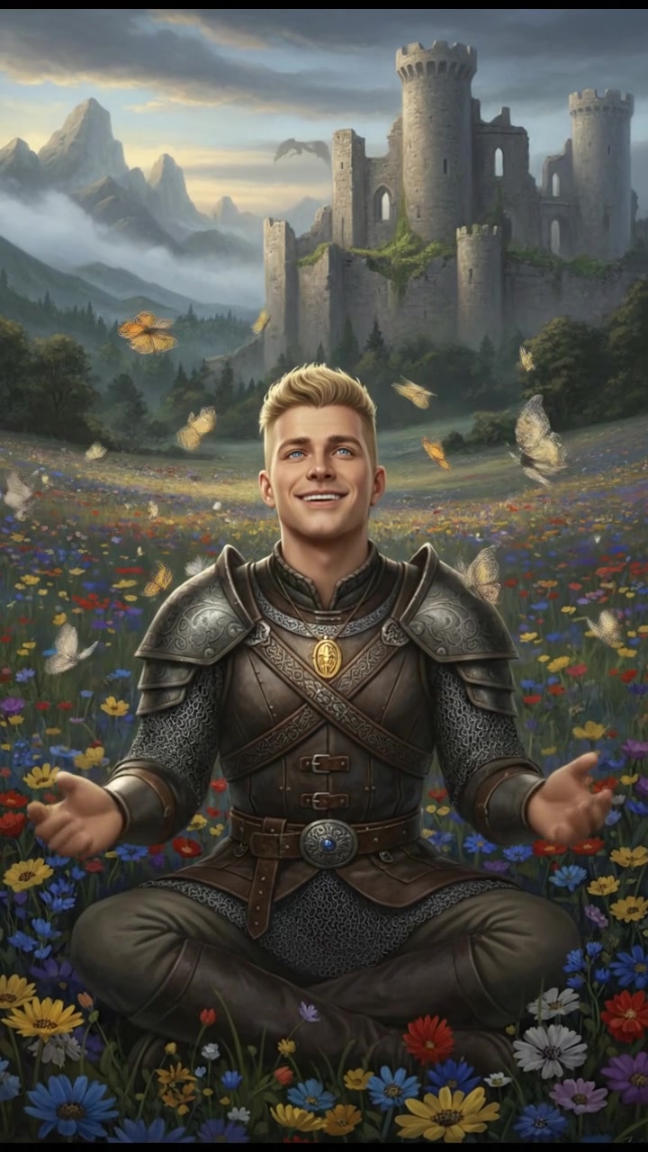A close-up of Ryan, sitting in a field of flowers, smiling as butterflies flutter around him.
