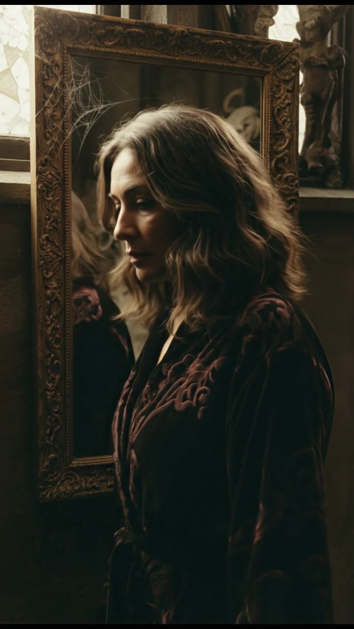 A close-up of a mirror reflecting the Asha standing beside it, looking contemplative.