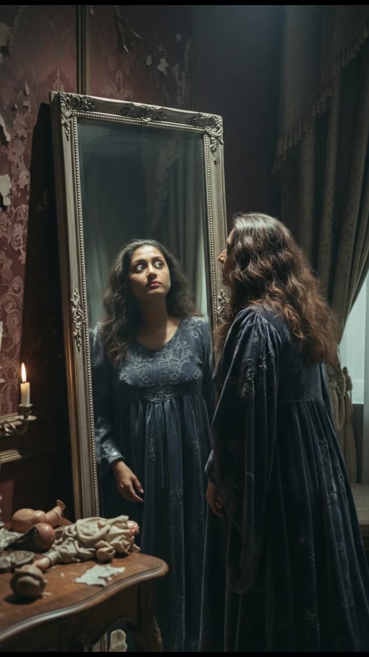 The Asha stands beside a shimmering mirror, gazing into it with a focused expression.