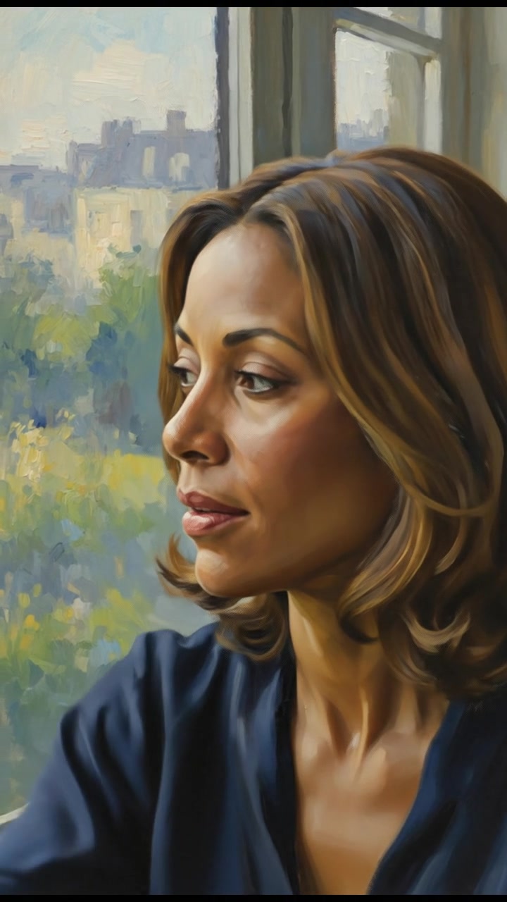 A close-up of the Monique's face, with a thoughtful expression, gazing out a window.