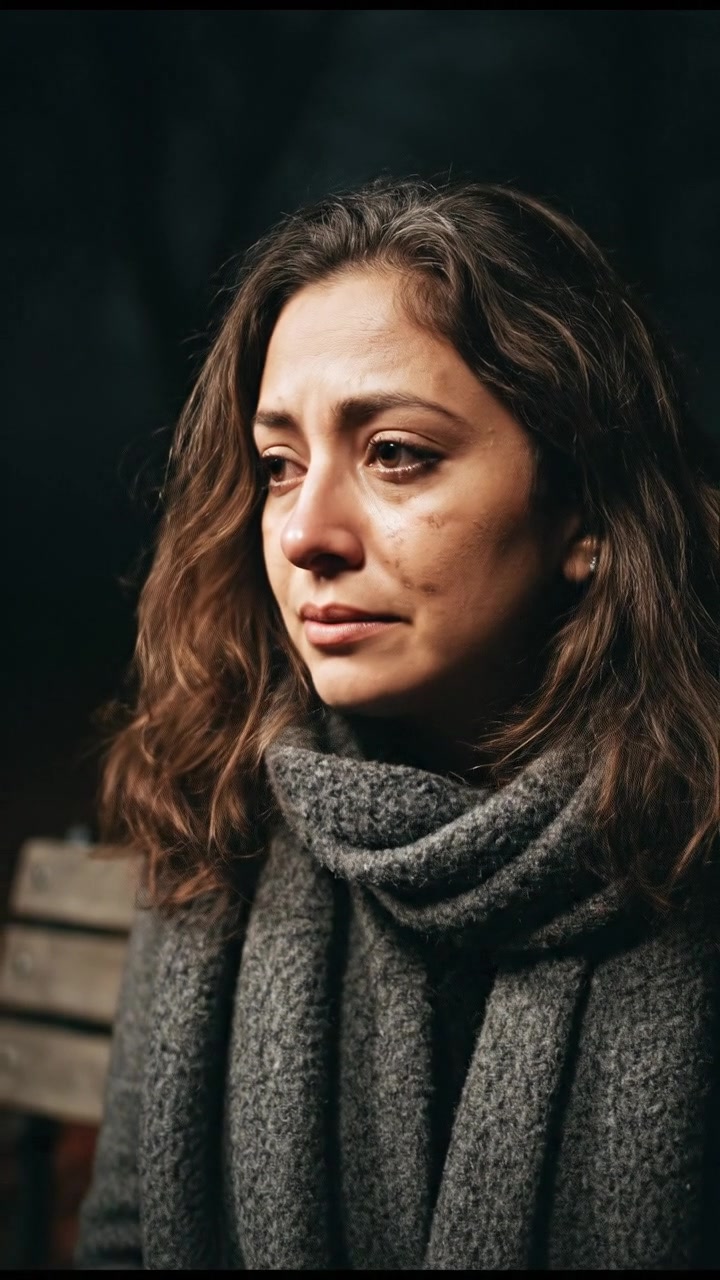 A close-up of the Asha with tears in her eyes, sitting alone on a park bench surrounded by autumn leaves.