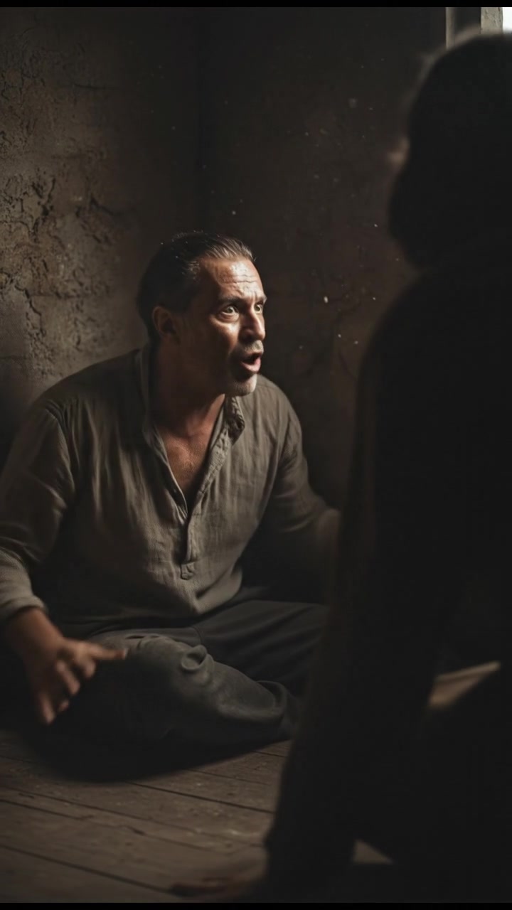 Omar, fearful and sweating, looks terrified in a corner of the room, pleading and gesturing dramatically.