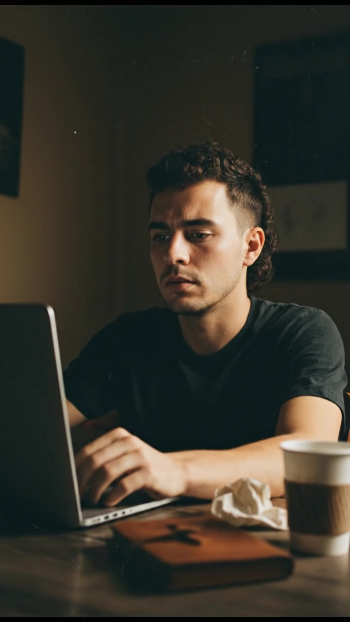 A close-up of the Mateo sitting at a desk and looking at his laptop screen.