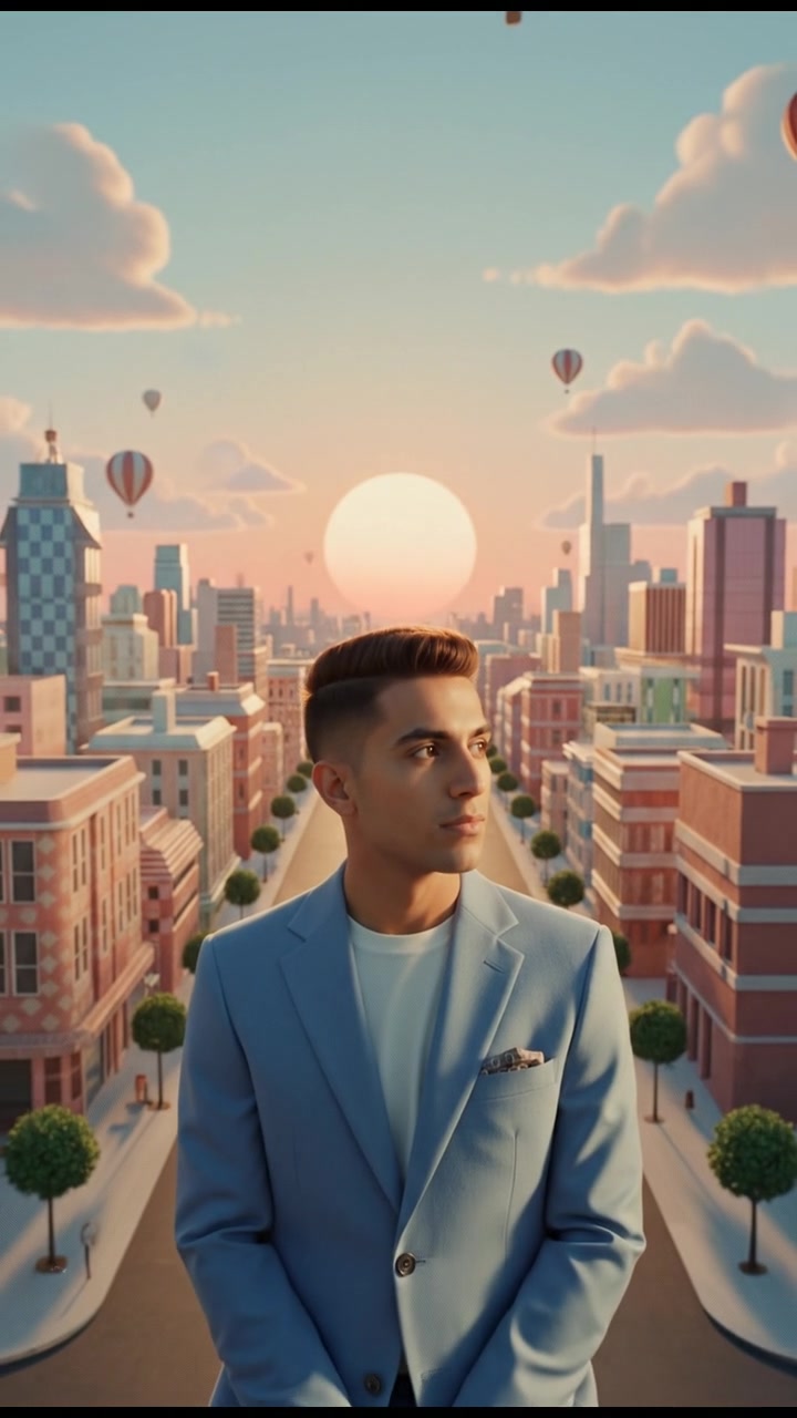A close-up of Amir looking thoughtfully, with a city skyline in the background at sunset.