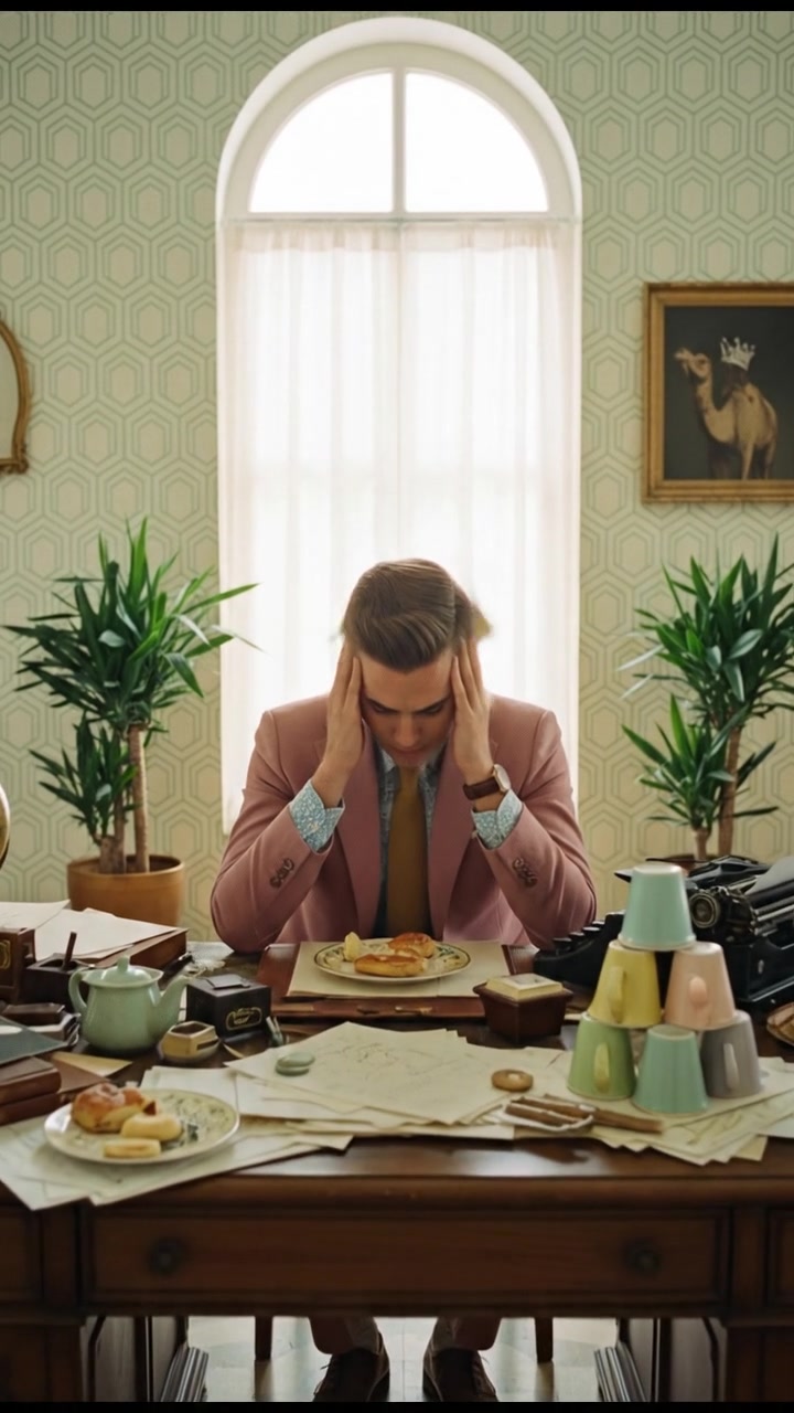 The Amir sits at a desk cluttered with papers, looking frustrated while holding his head in his hands.