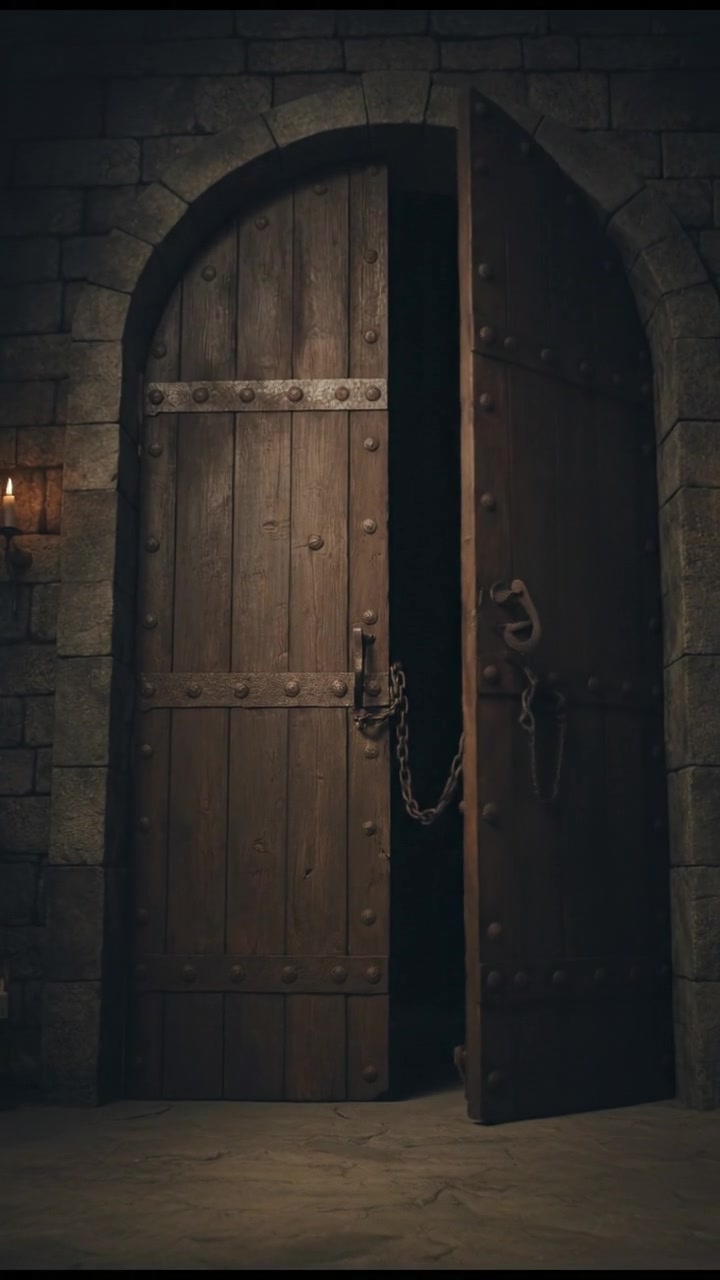 Raj running towards a heavy wooden door, panic clearly shown on his face.