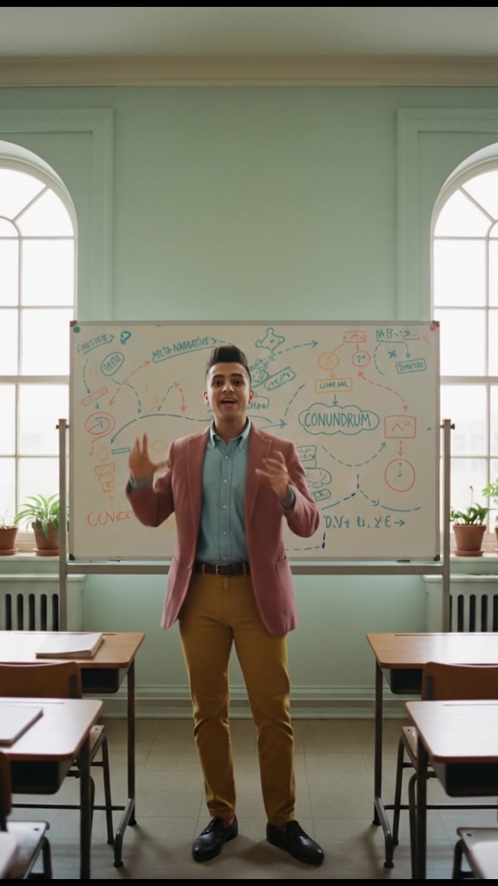 Amir standing in front of a whiteboard filled with diagrams, passionately explaining concepts.