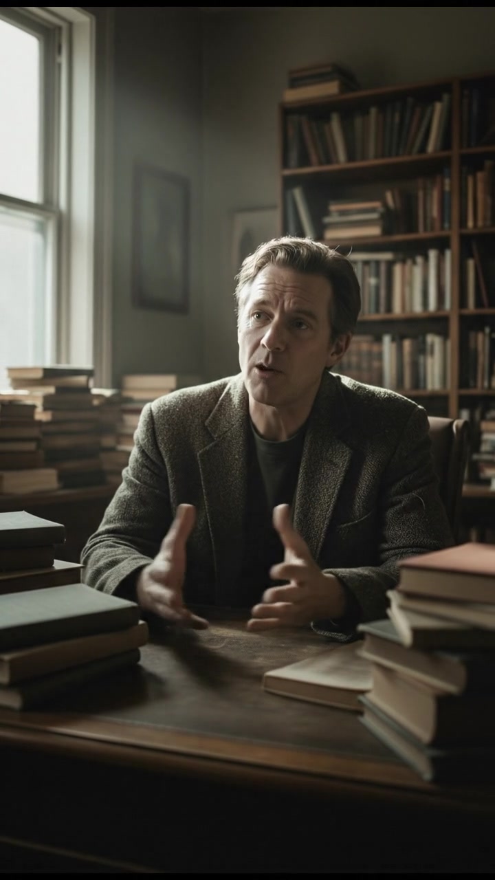 Mark sitting at a desk in his office, surrounded by books, speaking thoughtfully.