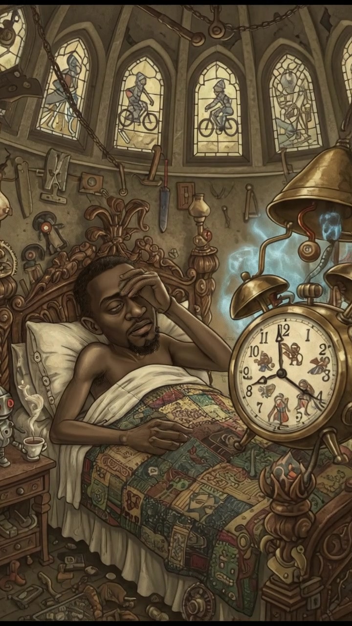 Isaiah in bed, eyes half-closed, responding to the alarm with a sleepy expression.