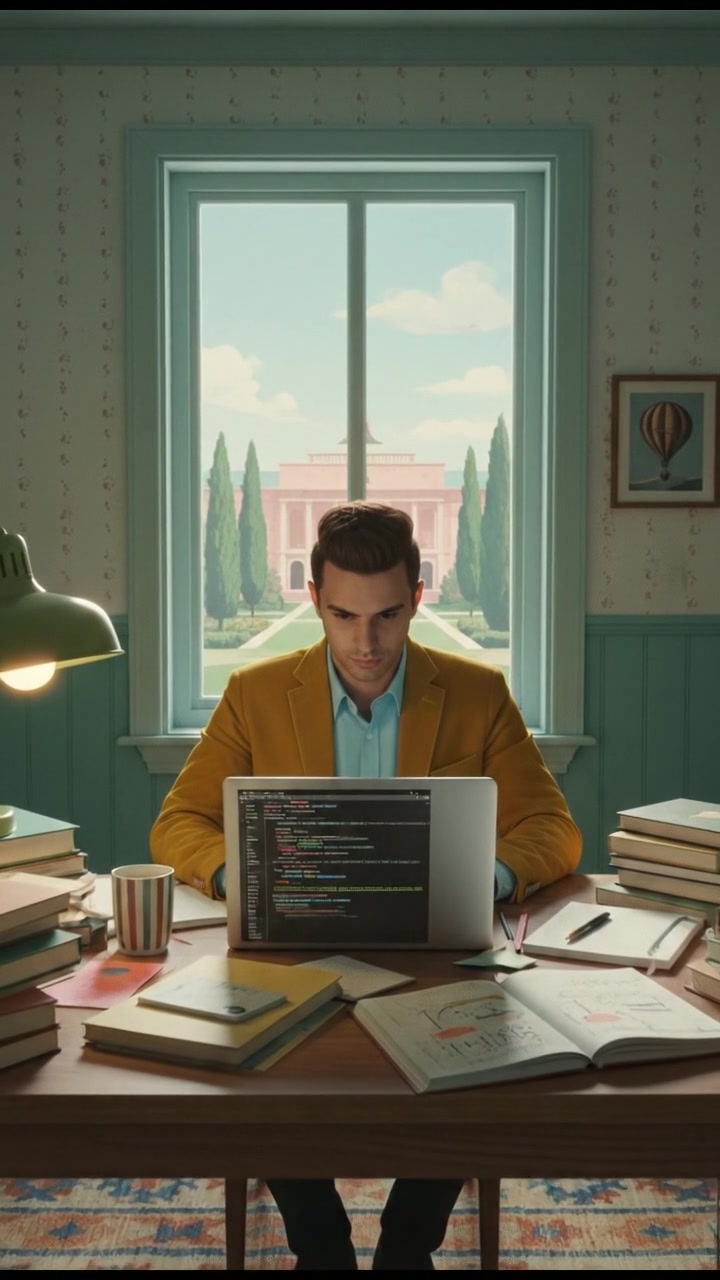 Amir sitting at a desk, learning new skills on a laptop, surrounded by books and notebooks.