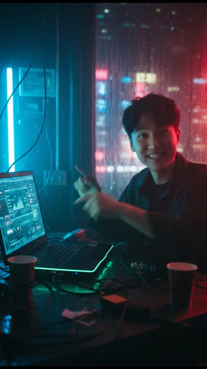 The Ken sitting at a desk with a laptop open, pointing at the screen with an enthusiastic expression.