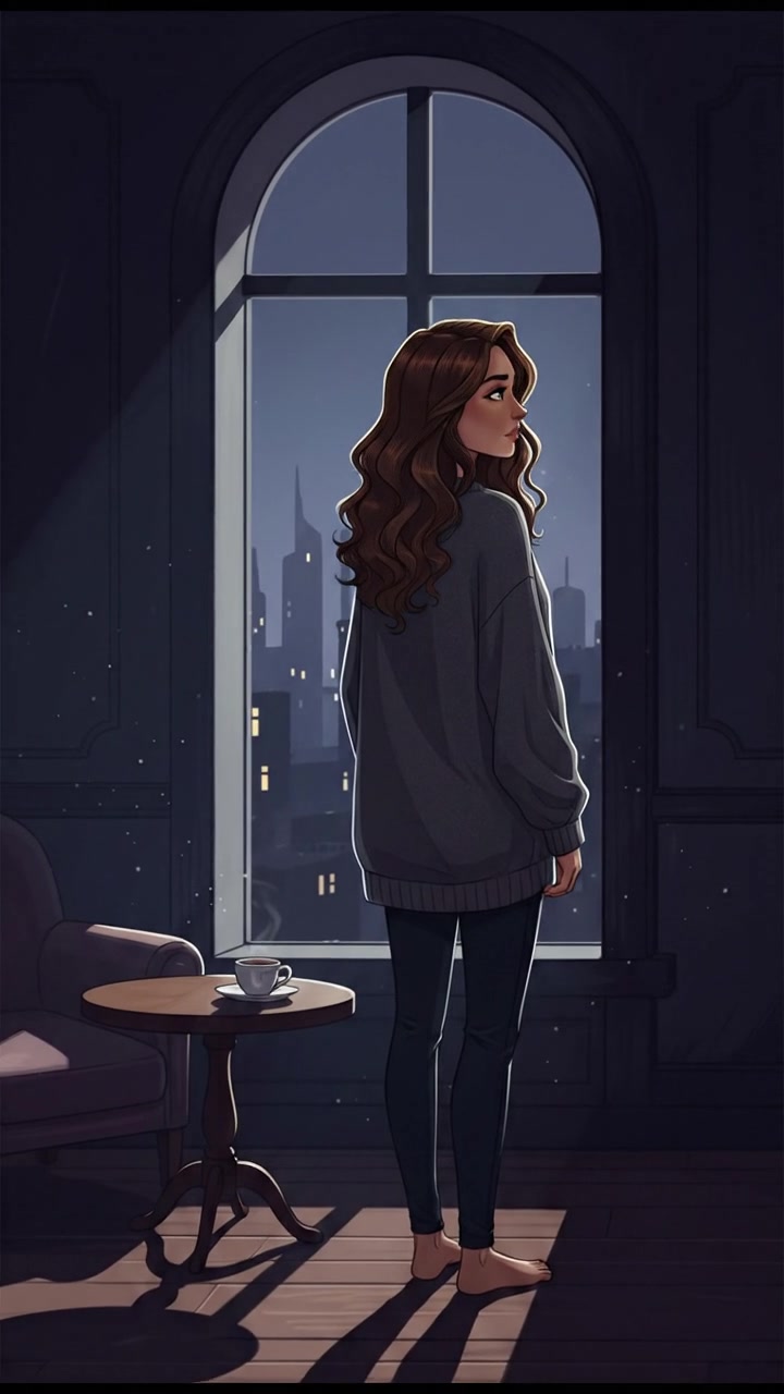 A woman standing alone in a dimly lit room, looking out the window with a distant expression.