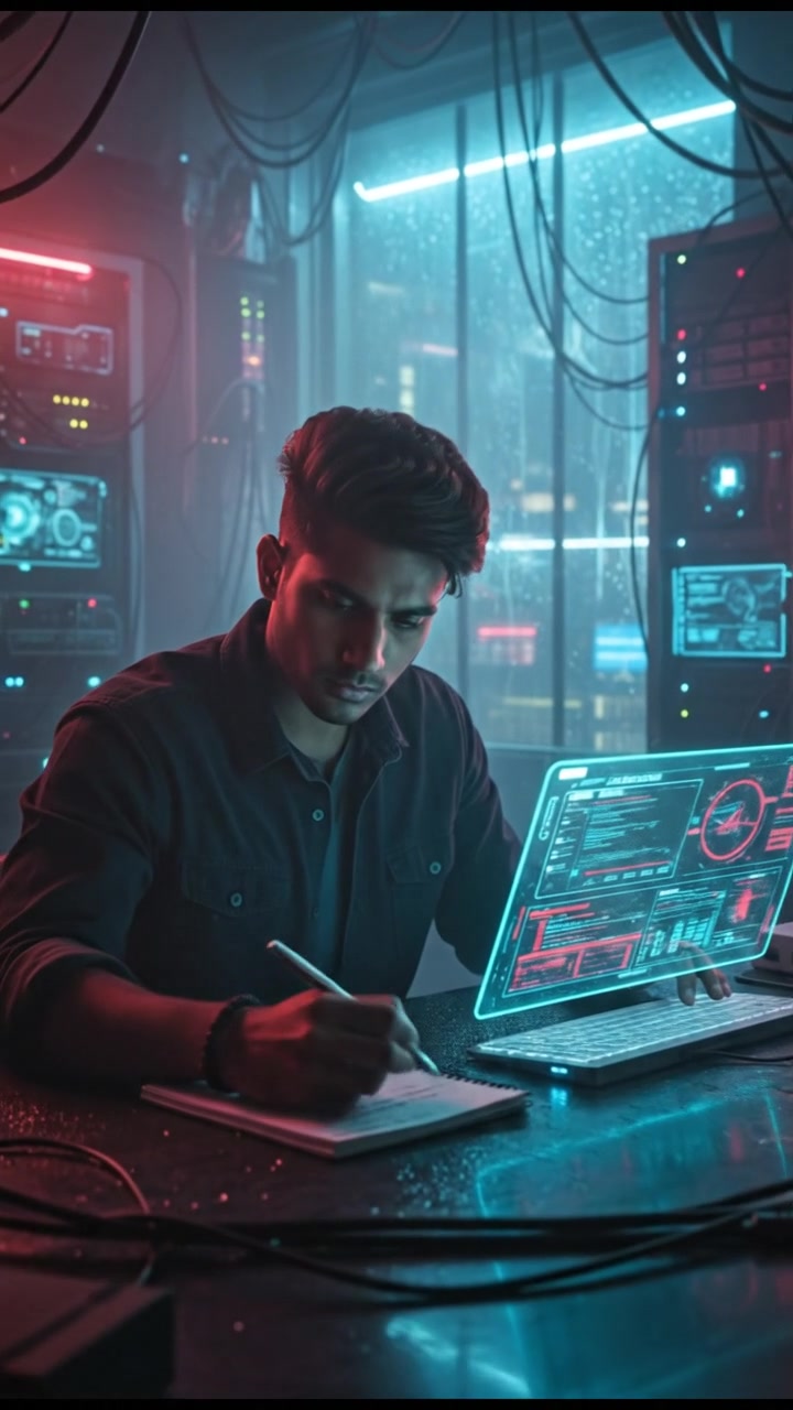 A Arjun sitting at a desk with a notepad and pen, studying a cybersecurity report in a well-lit room.