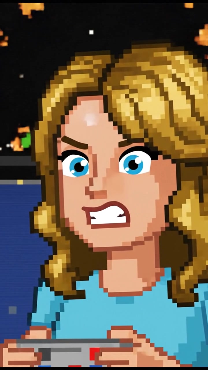 Ashley looking determined, speaking into the camera while holding her game controller, with a gaming screen in the background.