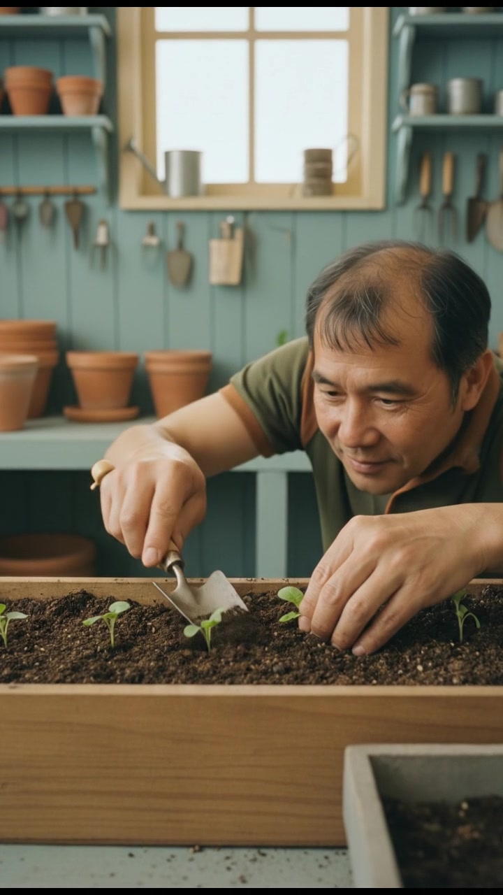 Close-up of Hiro's hands gently tending to the seedlings as he digs in rich soil.
