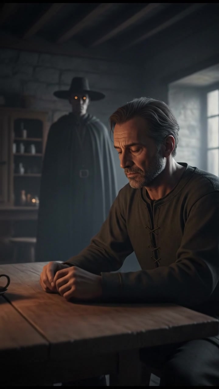 A dimly lit room with Omar looking pensive, the innkeeper’s shadowy figure shown in the background.