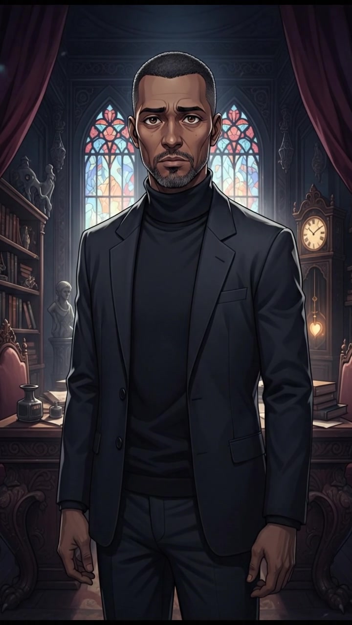 Kwame stands in a dimly lit room, surrounded by dark furniture and shadows.