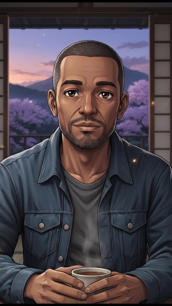 Kwame sitting at a rustic wooden table, looking pensively at the camera.