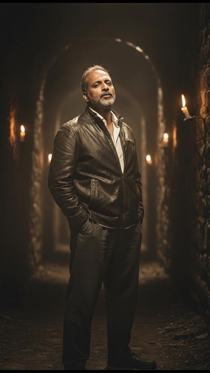 Raj stands in a dark tunnel, his stance confident, whistling in the dim light.