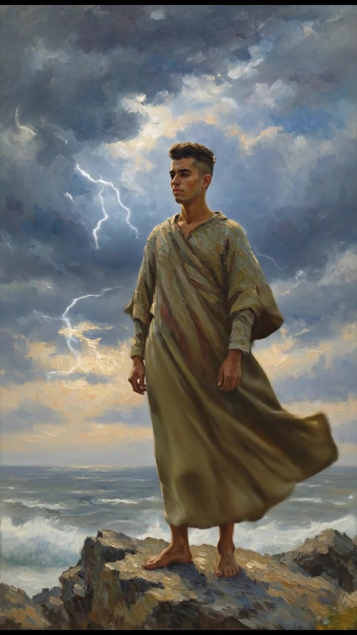 Amir standing on a rocky outcrop, gazing seriously into the distance, with a stormy sky.